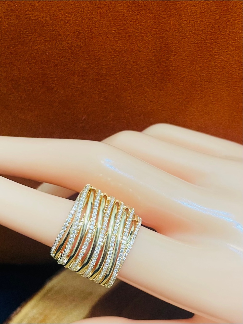 Gold Filled Multi-Row Pavé CZ Chunky Band Statement Ring Designer Inspired